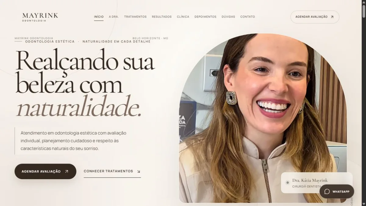 Página inicial do site Mayrink Odontologia, com apresentação da Dra. Kátia Mayrink